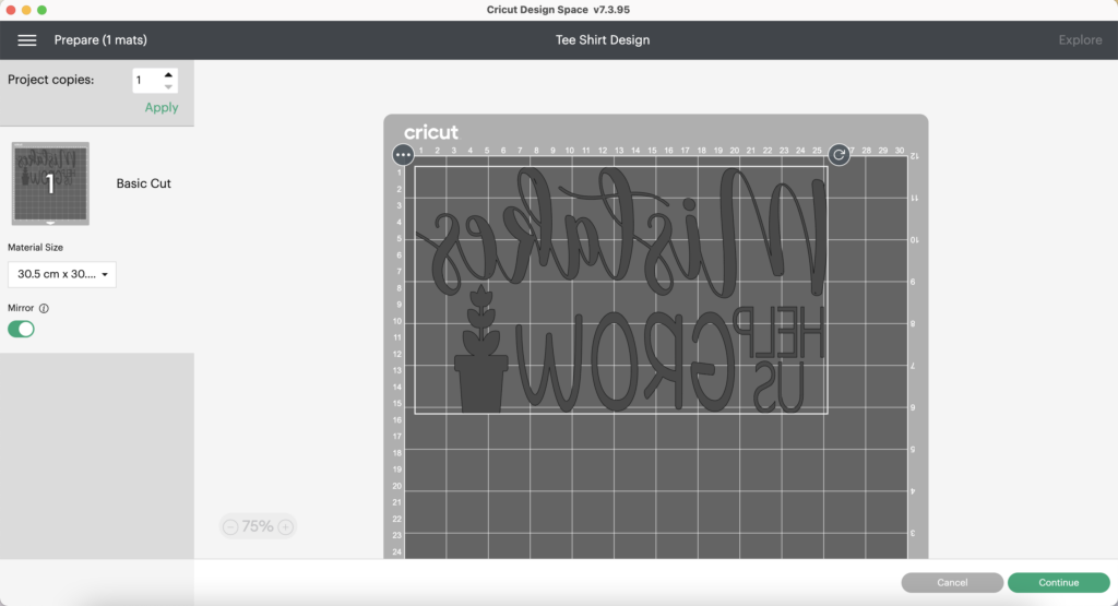 A screencapture from Cricut design space showing "Mistakes help us grow" mirrored on a mat. 