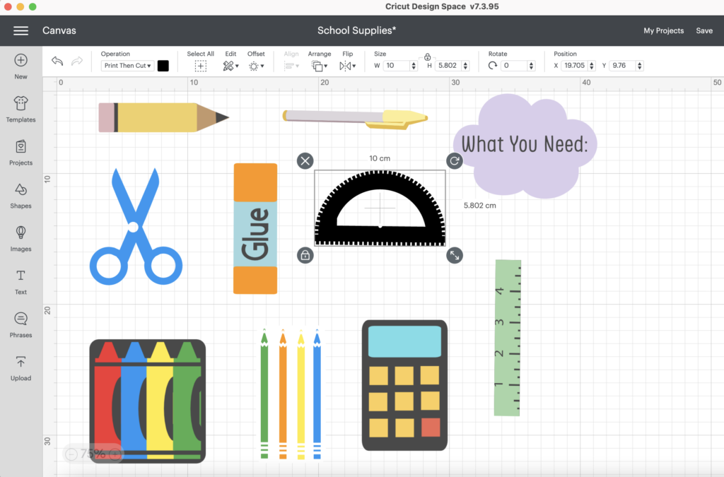 A screenshot of Cricut Design Space with images of: a pencil, a pen, scissors, a glue stick, a protractor, crayons, pencil crayons, a calculator, a ruler, and a purple cloud that says "What You Need".