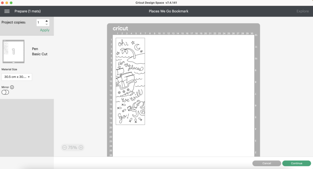 A screenshot of Cricut Design Space with a nautical themed bookmark drawn out. The bookmark says "Oh the places we will go!" with pictures of a boat, octopus, fish, palm tree, and crescent moon.